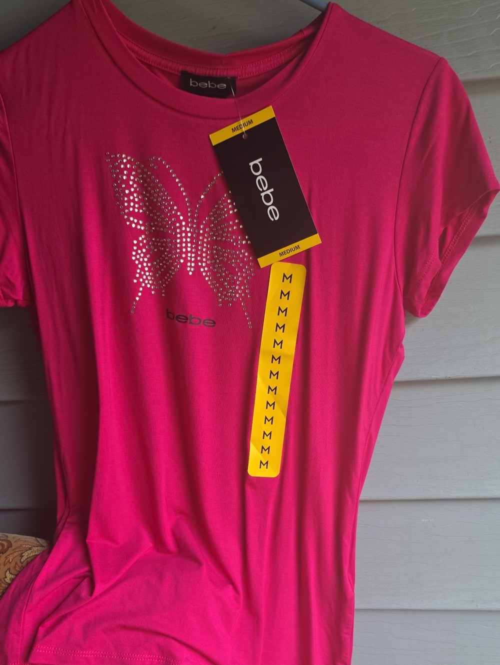 bebe Hot Pink Rhinestone Butterfly Short Sleeve Tee